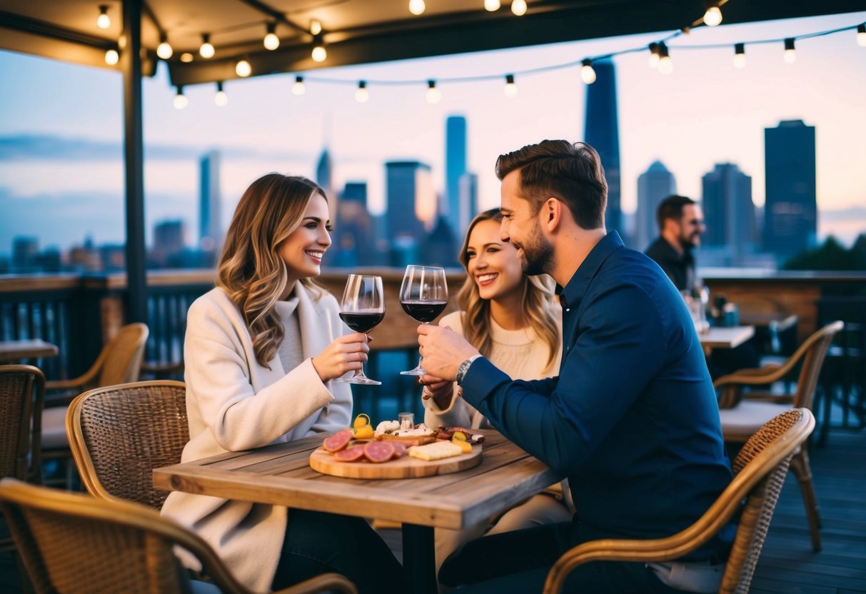 A cozy outdoor cafe with twinkle lights, couples sharing a charcuterie board and wine, with a view of the city skyline