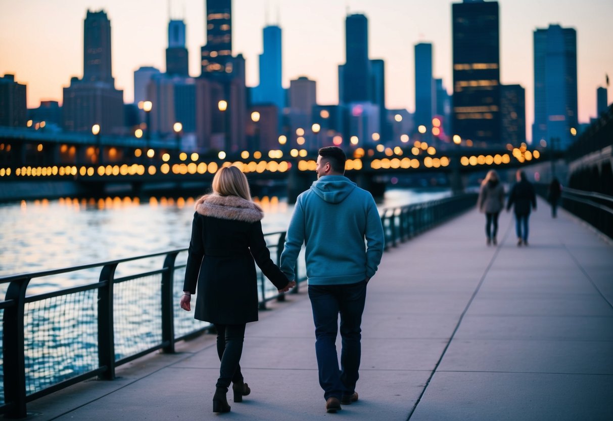 A couple strolling along the Chicago Riverwalk at sunset, with the city skyline and twinkling lights reflecting on the water