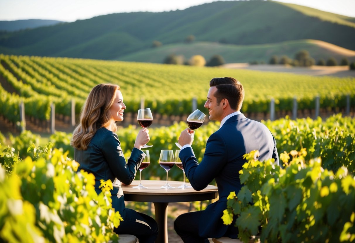 A cozy winery setting with two couples sampling wine, surrounded by vineyards and rolling hills