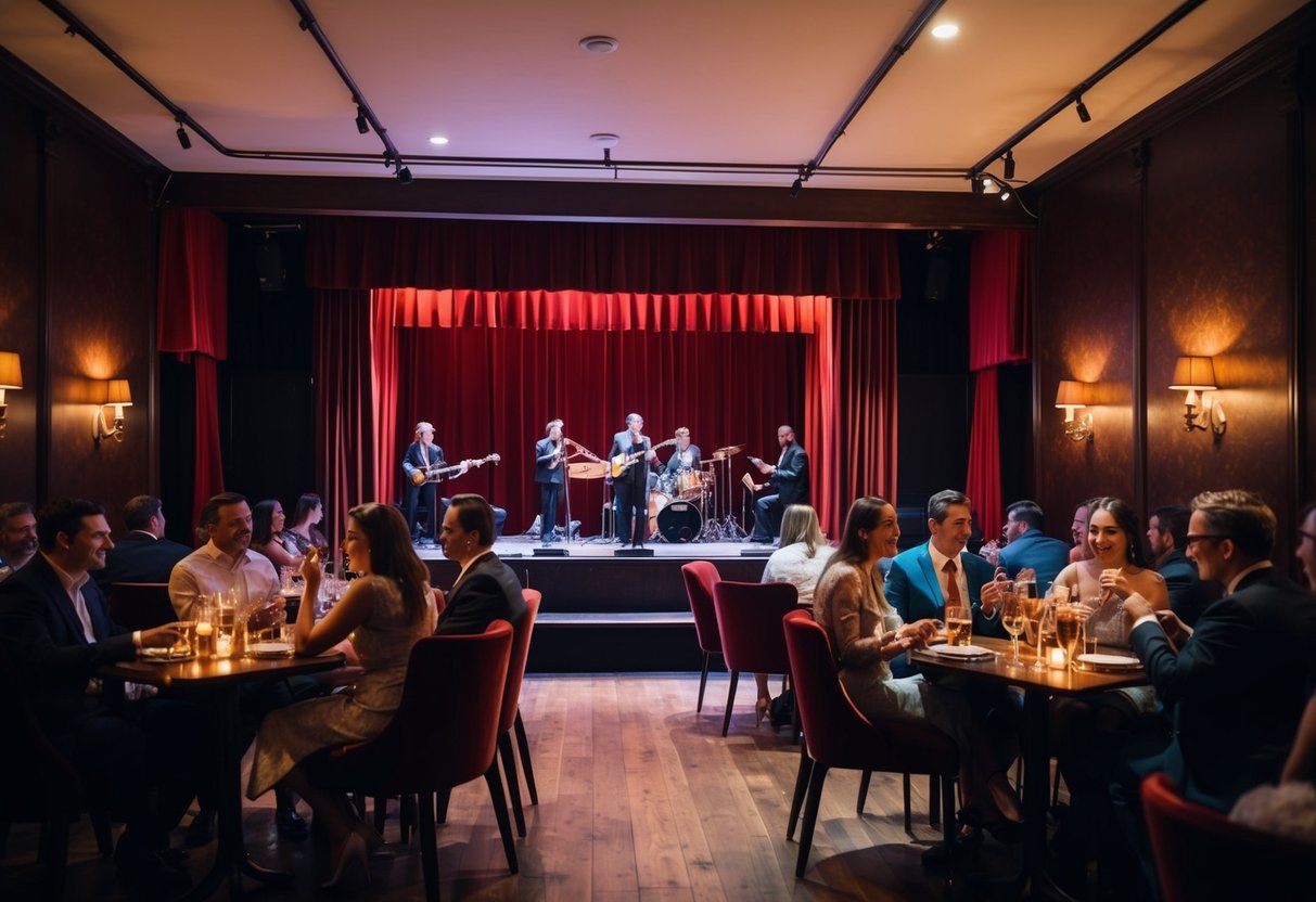 A dimly lit jazz club with a cozy stage, red velvet curtains, and tables filled with couples enjoying live music and drinks