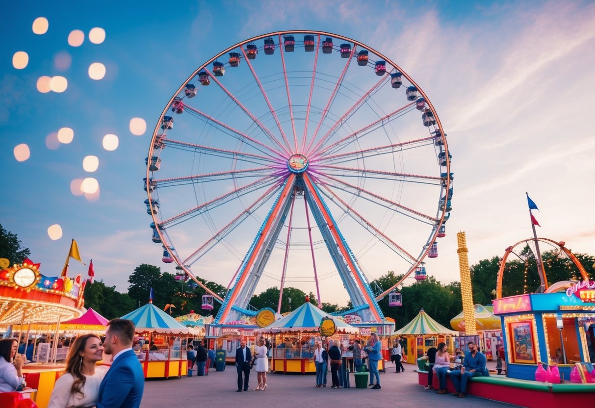 A Ferris wheel towering over a bustling amusement park with colorful rides and bright lights, couples enjoying games and treats