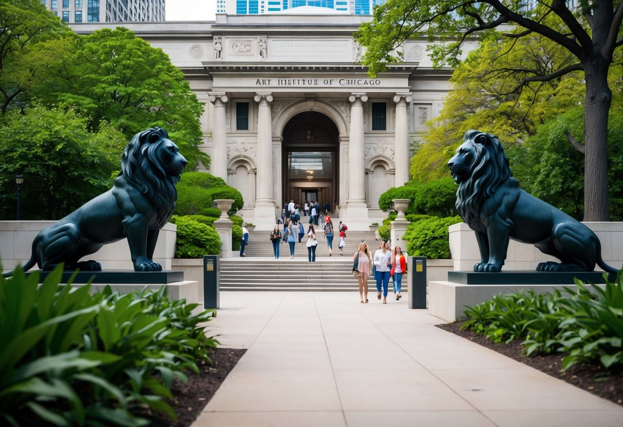 The Art Institute of Chicago's iconic lion statues guard the entrance as visitors stroll through the grand neoclassical building and lush outdoor gardens