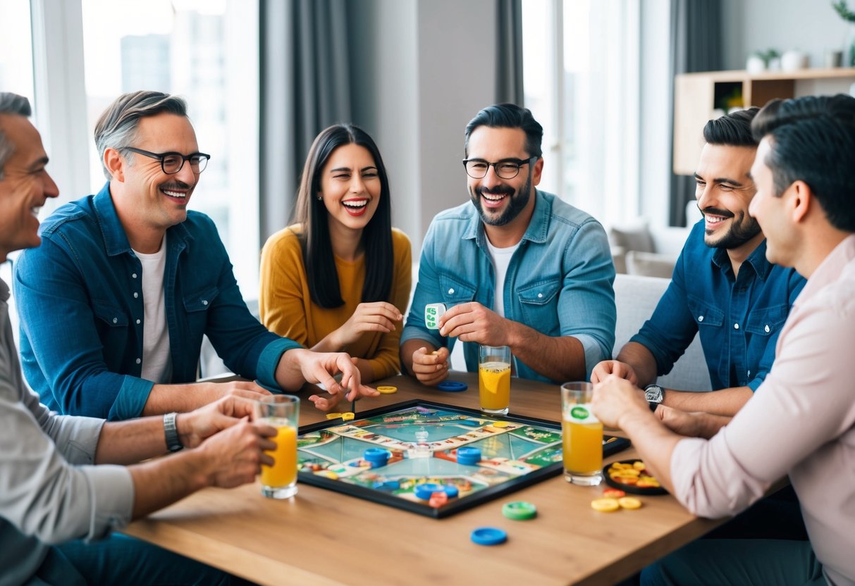 Four adults sitting around a table, playing board games with drinks and snacks nearby. Laughter and friendly competition fill the room