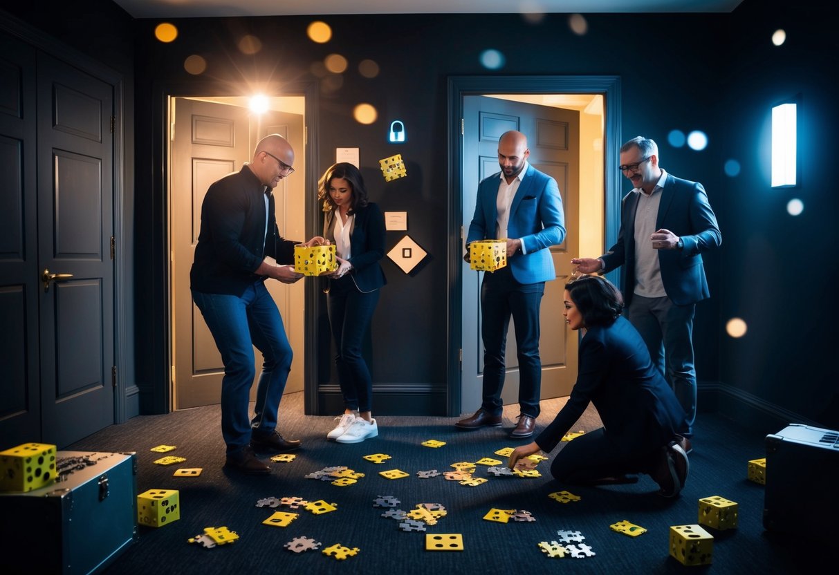 A dimly lit room with locked doors, puzzles, and cryptic clues scattered around. Four adults work together to solve the challenges and escape