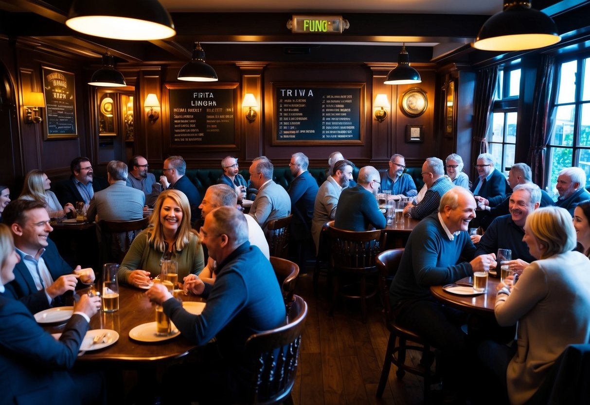 A cozy pub with dim lighting, filled with groups of adults gathered around tables, engaged in lively conversation and laughter. A chalkboard with trivia questions stands at the front