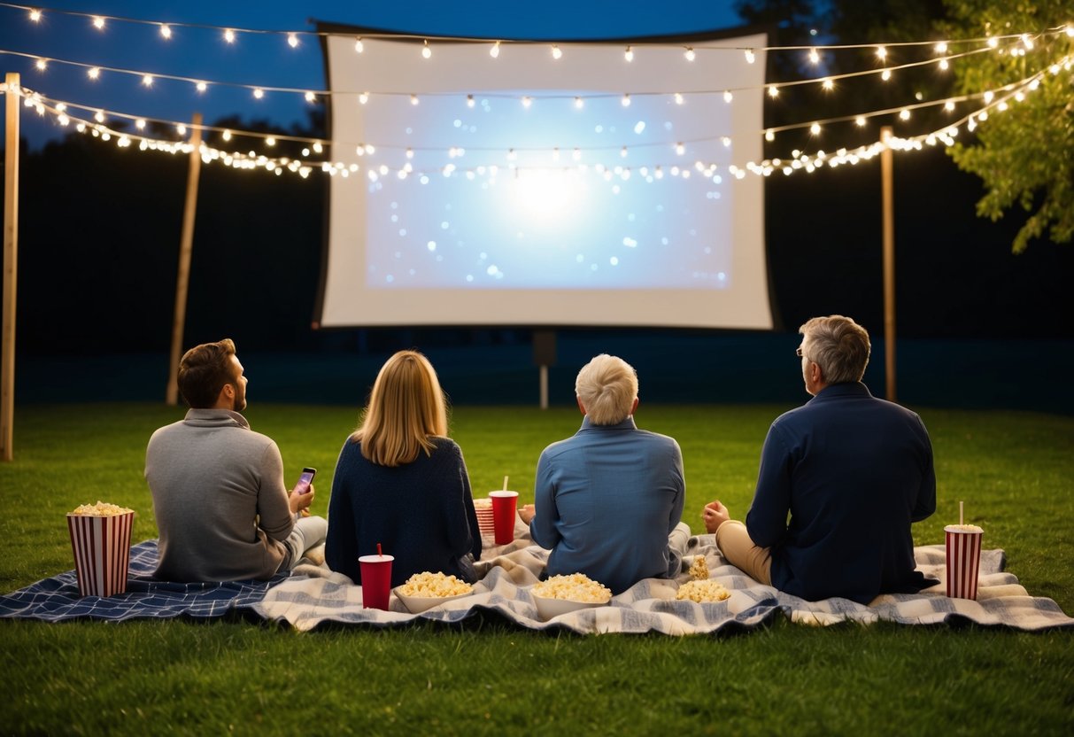 Four adults sit on blankets under the stars, watching a movie projected onto a large outdoor screen. Popcorn and drinks are scattered around them, and string lights add a cozy ambiance