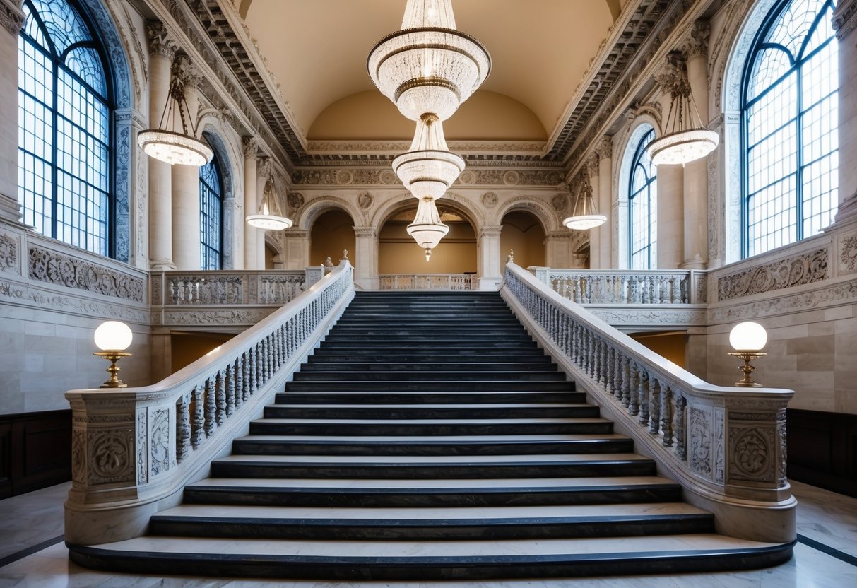 The Chicago Cultural Center's grand staircase adorned with intricate marble and ornate detailing, surrounded by arched windows and elegant light fixtures