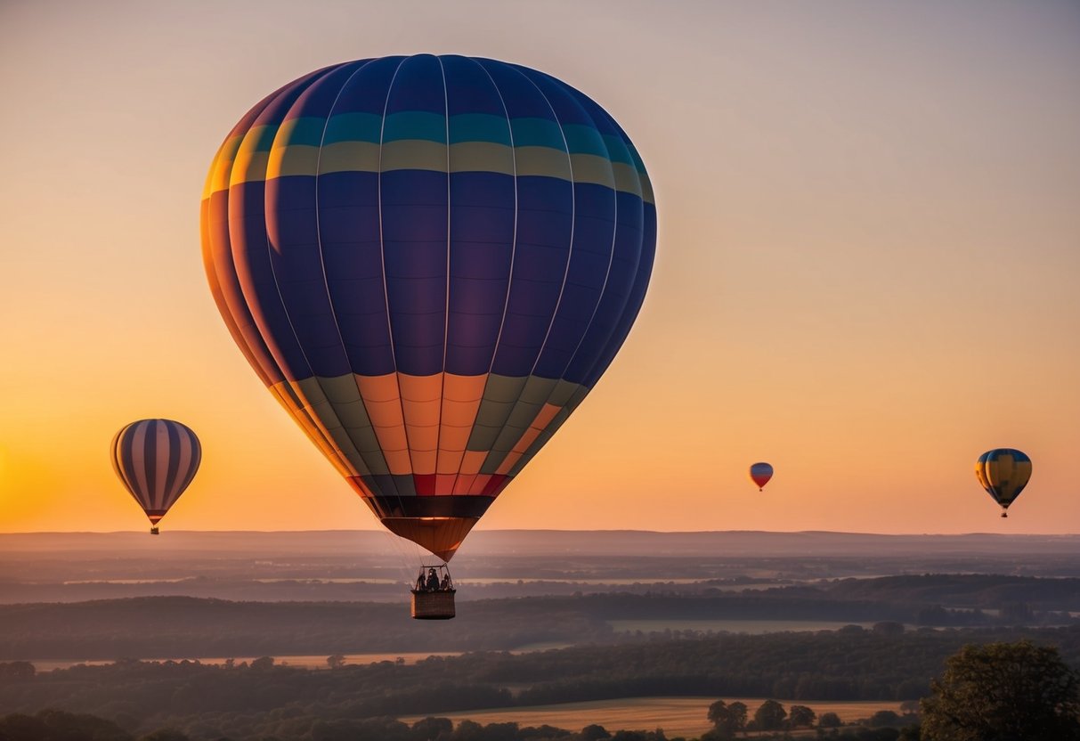 A colorful hot air balloon floats over a scenic landscape, with two smaller balloons in the distance. The sun is setting, casting a warm glow over the entire scene
