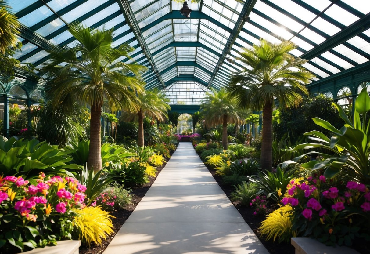 Lush greenery and colorful flowers fill the airy conservatory, sunlight streaming through the glass ceiling. Palm trees and exotic plants line the pathways, creating a serene and romantic atmosphere