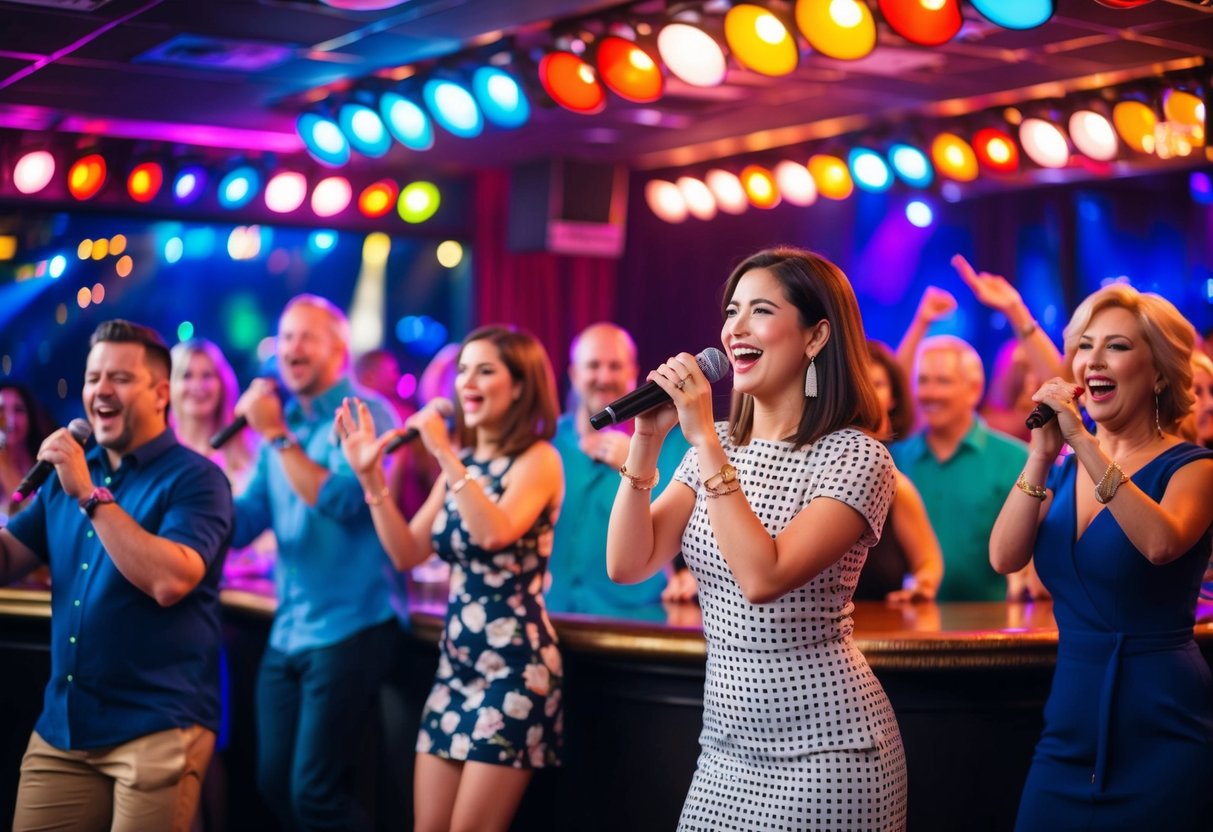 A lively karaoke bar with colorful stage lights and a crowd of adults singing and dancing