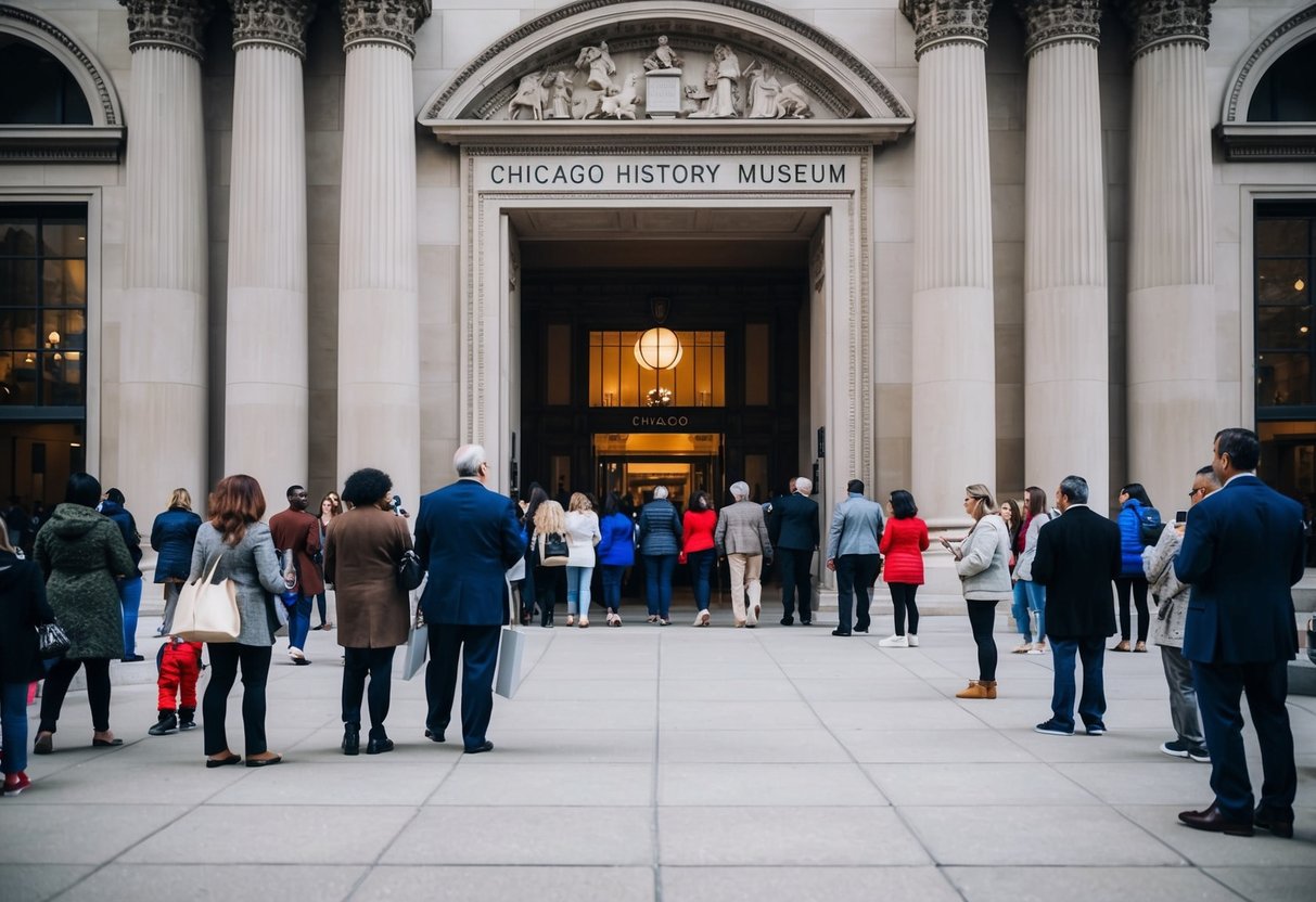 The Chicago History Museum's grand entrance with a line of visitors waiting to enter