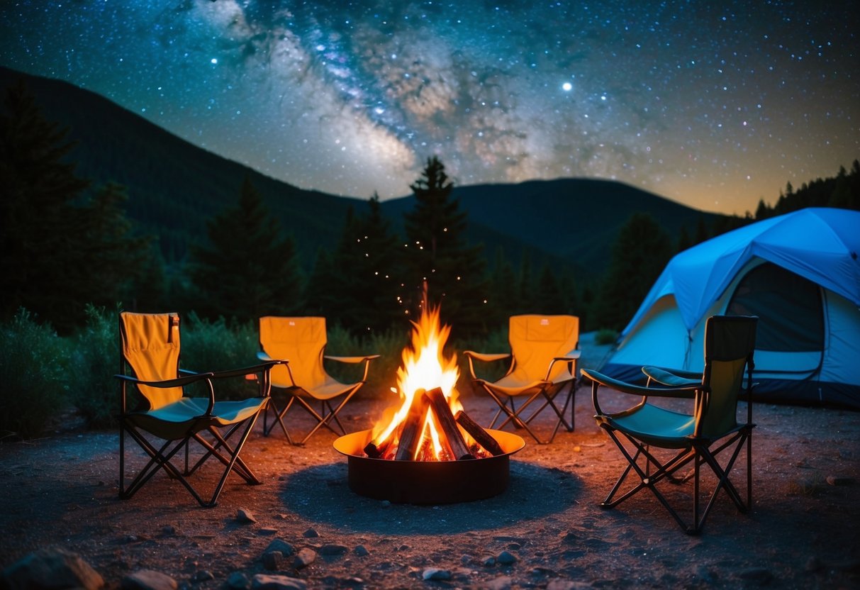 A cozy campfire surrounded by four camping chairs, with a tent in the background and a starry night sky overhead