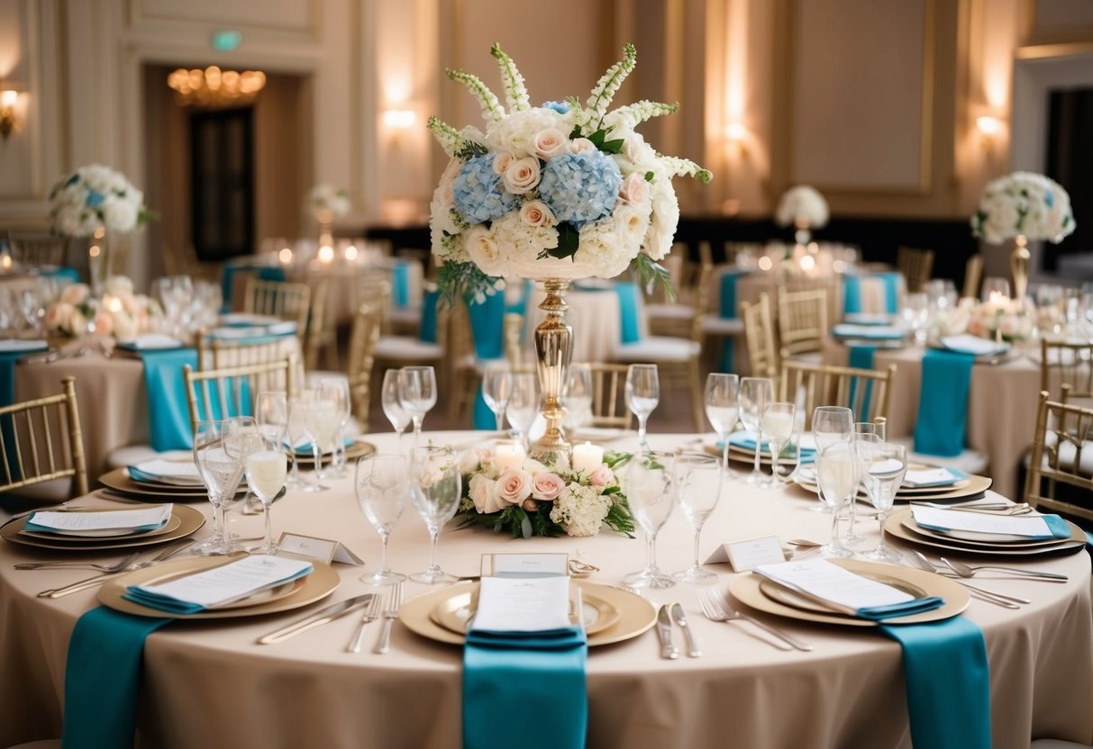 A table set with elaborate place settings and a stunning centerpiece, surrounded by elegant decor and soft lighting