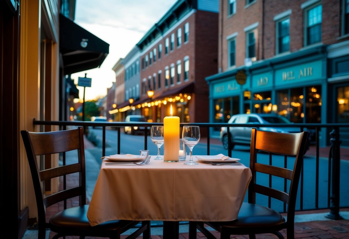 A cozy restaurant in Bel Air, MD, with soft lighting, a candlelit table, and a view of the charming Main Street