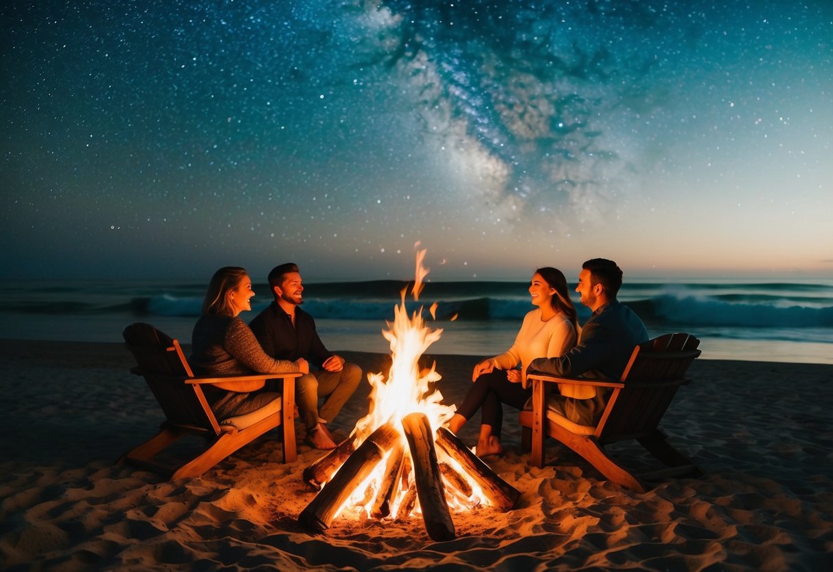 A cozy beach bonfire with two couples enjoying a romantic evening under the starry sky, with the sound of waves crashing in the background