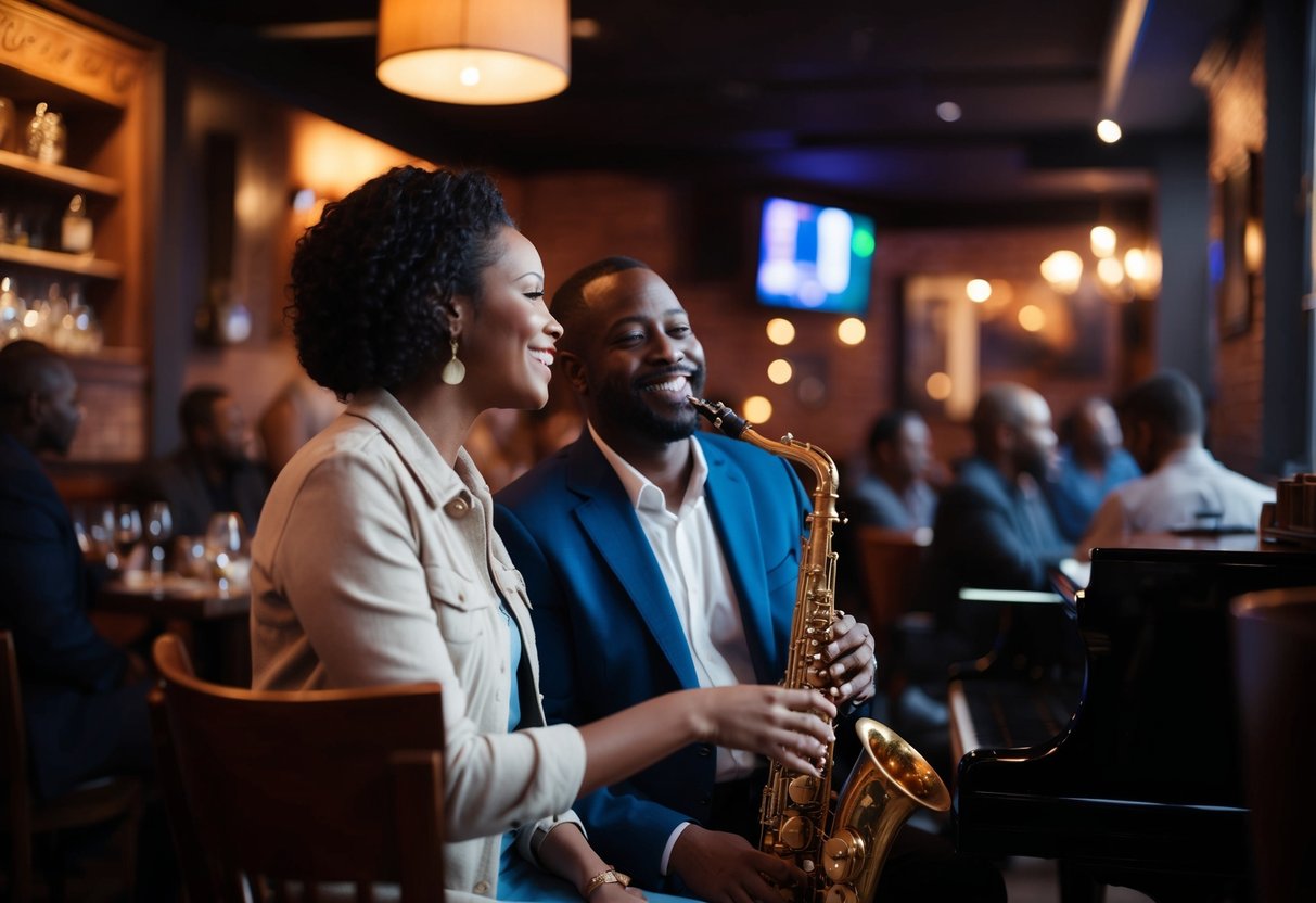 A couple enjoying a live jazz performance at a cozy Chicago jazz club, surrounded by dim lighting and vintage decor