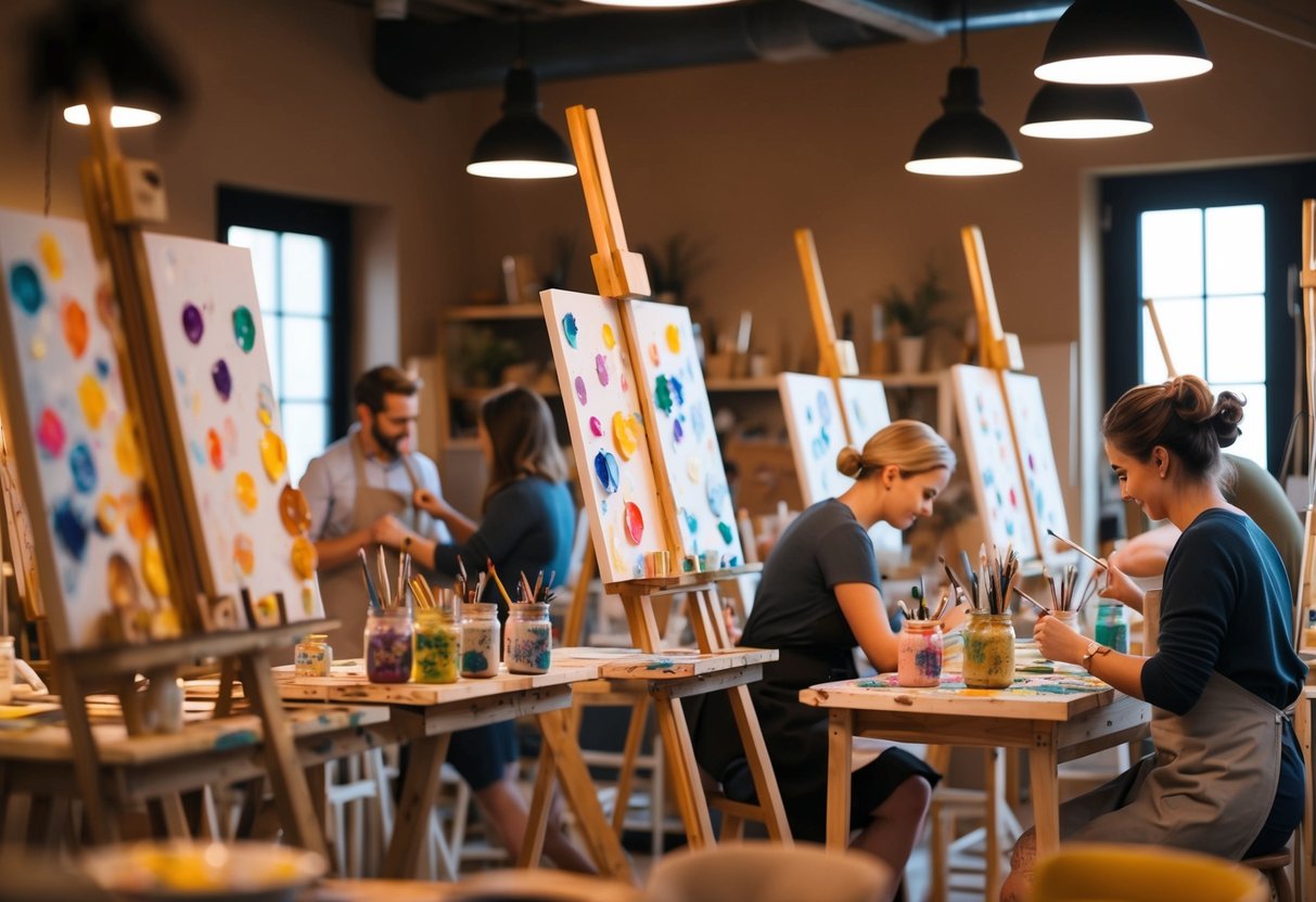 A cozy art studio filled with easels, paint palettes, and canvases, bathed in warm light from overhead fixtures. Tables are adorned with brushes and jars of colorful paint, as couples work on their masterpieces