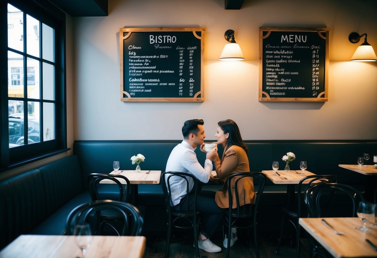 A cozy bistro with dim lighting, small tables, and a charming chalkboard menu. A couple sits at a table, sipping coffee and chatting