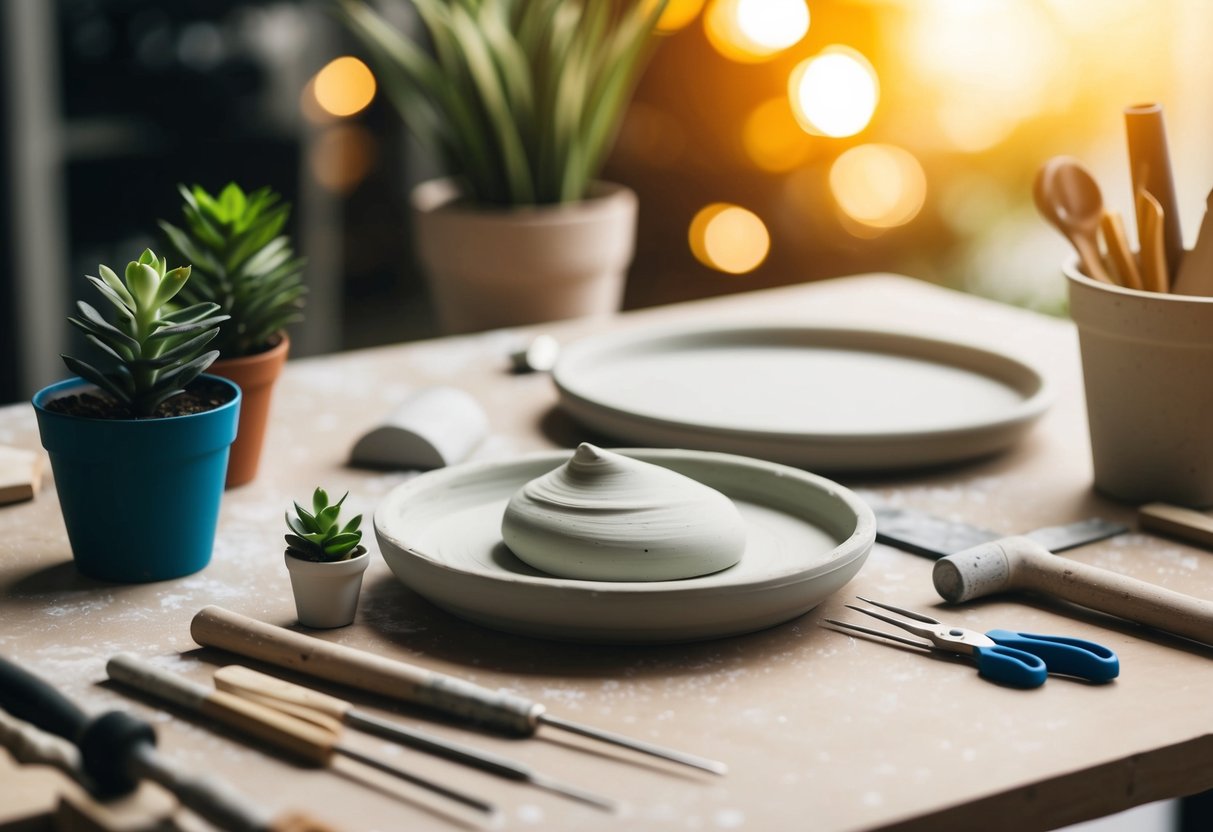 A table set with air dry clay, sculpting tools, and small plants