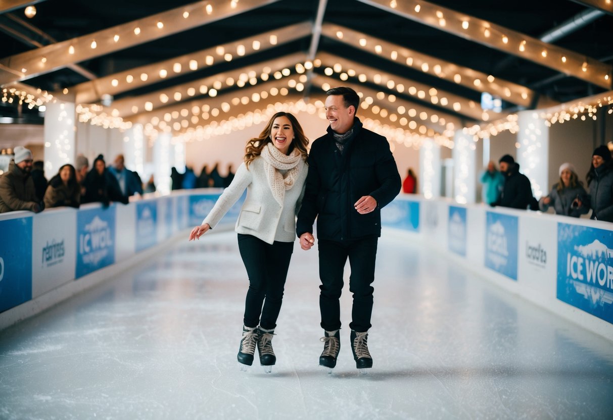 A couple glides across the ice at Ice World, surrounded by twinkling lights and the sound of laughter