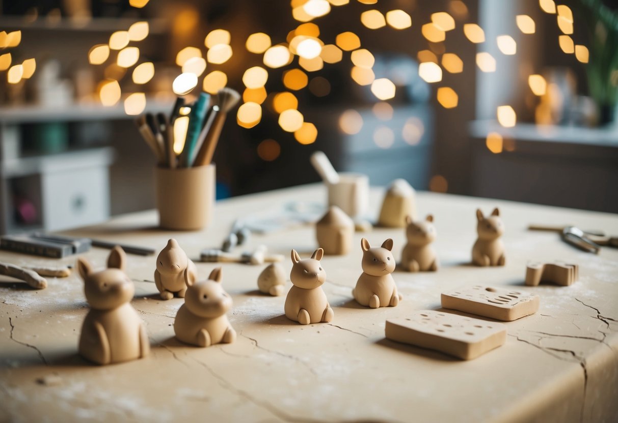 A table covered in air dry clay, with tools and molds for creating cute animal trinkets