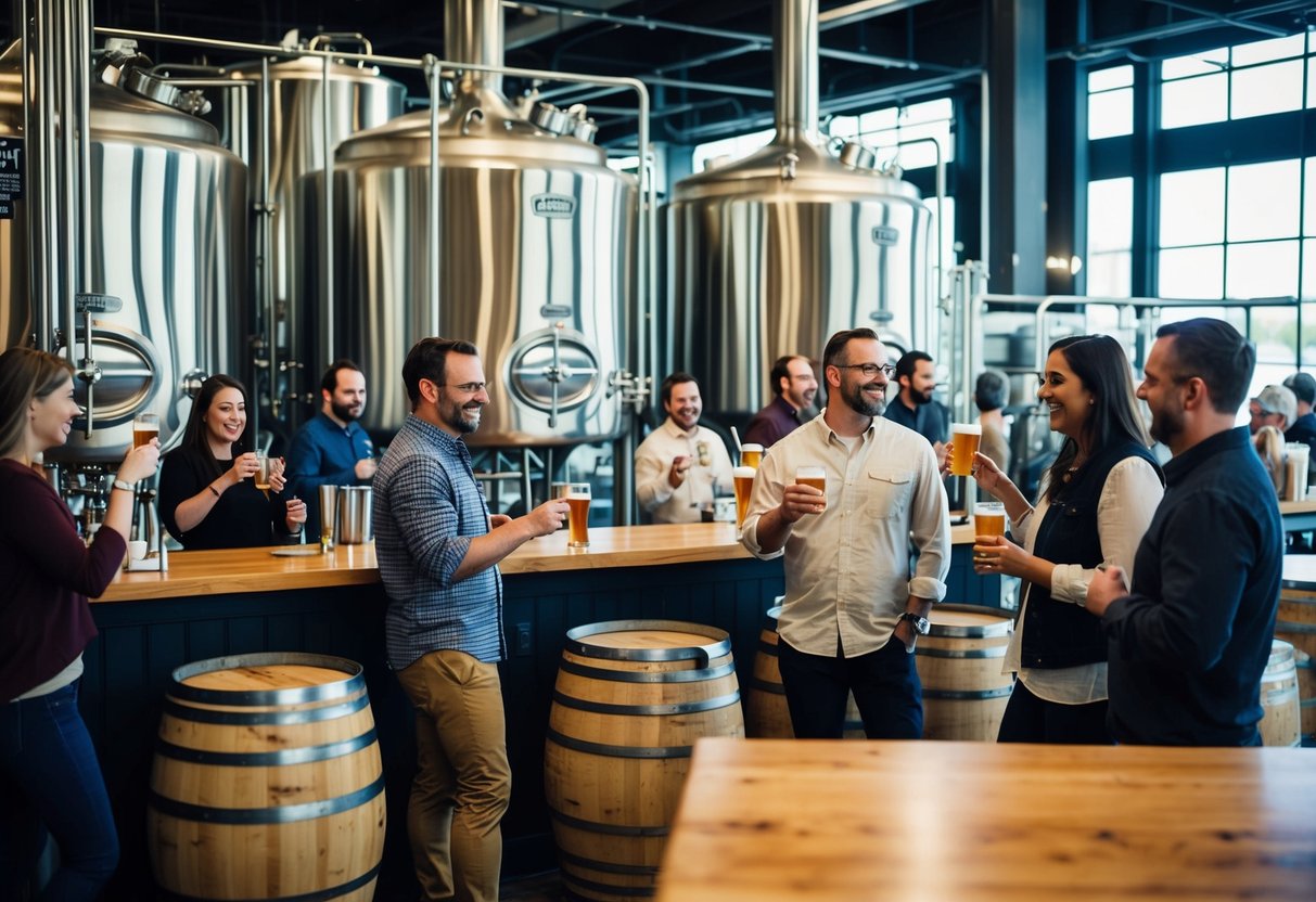 A bustling brewery with stainless steel tanks, wooden barrels, and a tasting bar. Patrons enjoy samples while taking a tour of Independent Brewing Company