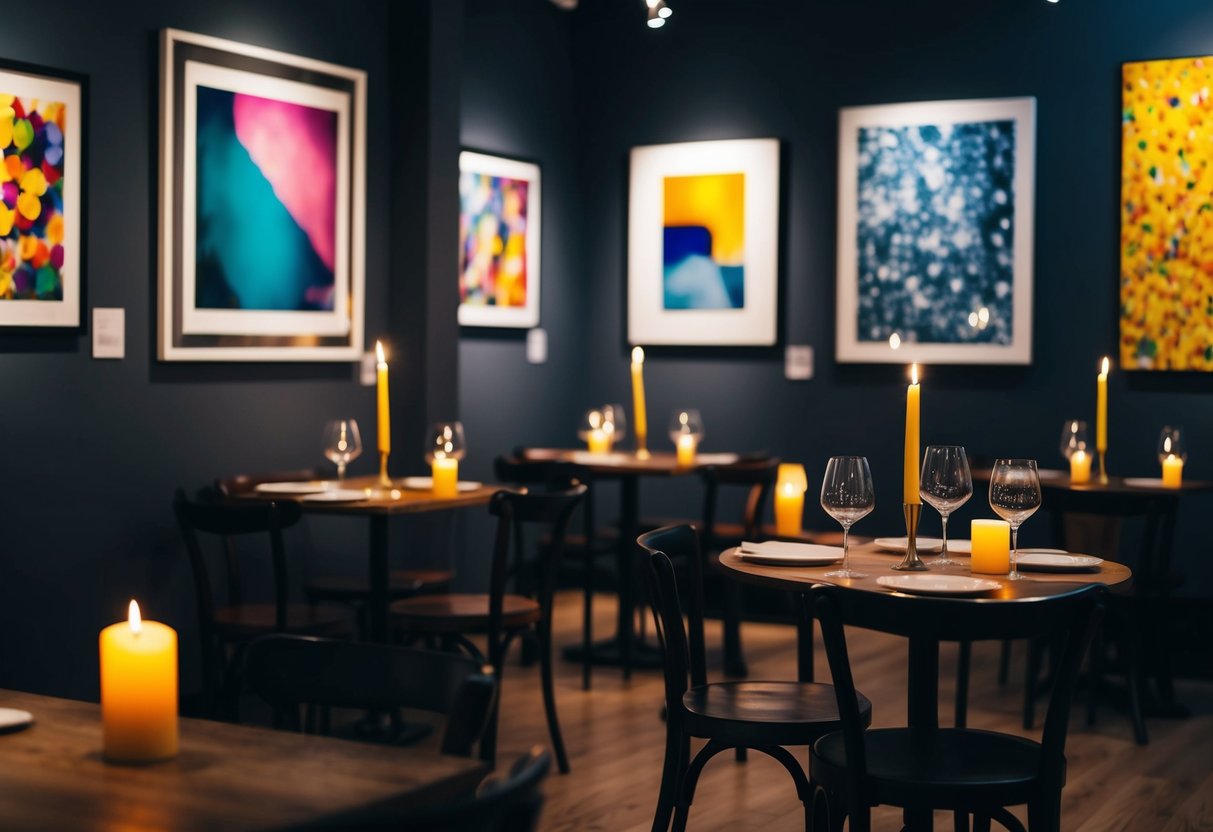 A cozy gallery space with dim lighting, colorful artwork on the walls, and small tables set with candles and wine glasses