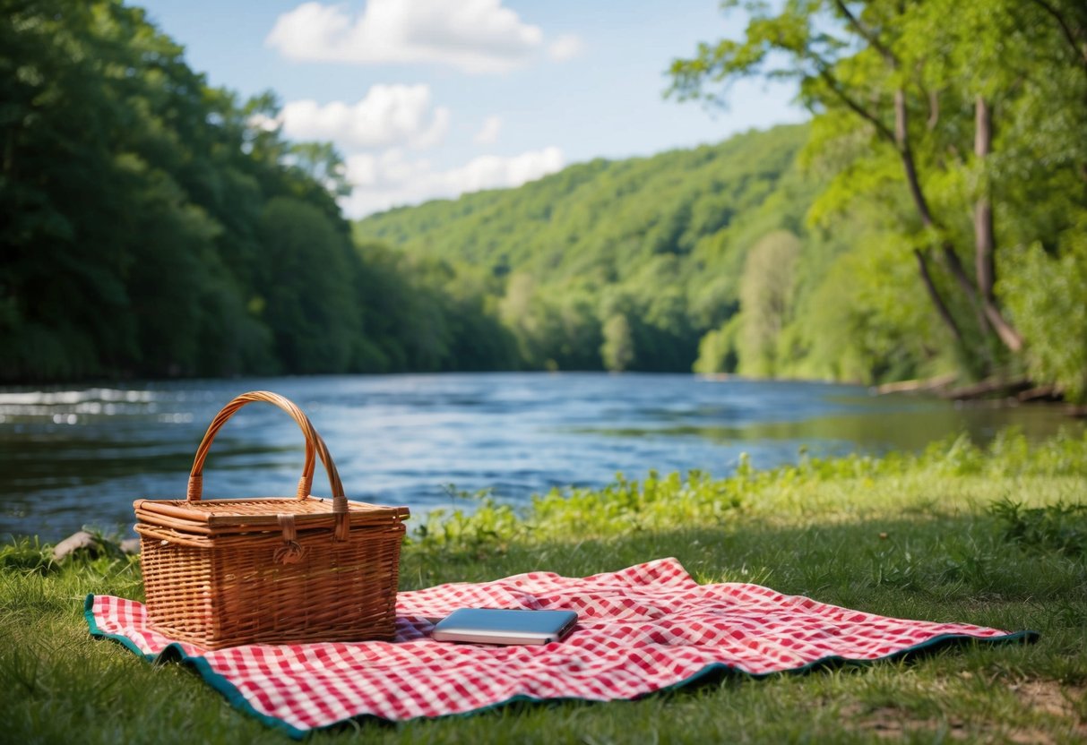 A cozy picnic spot by the river, with a checkered blanket, wicker basket, and a view of the lush greenery at Gunpowder Falls State Park