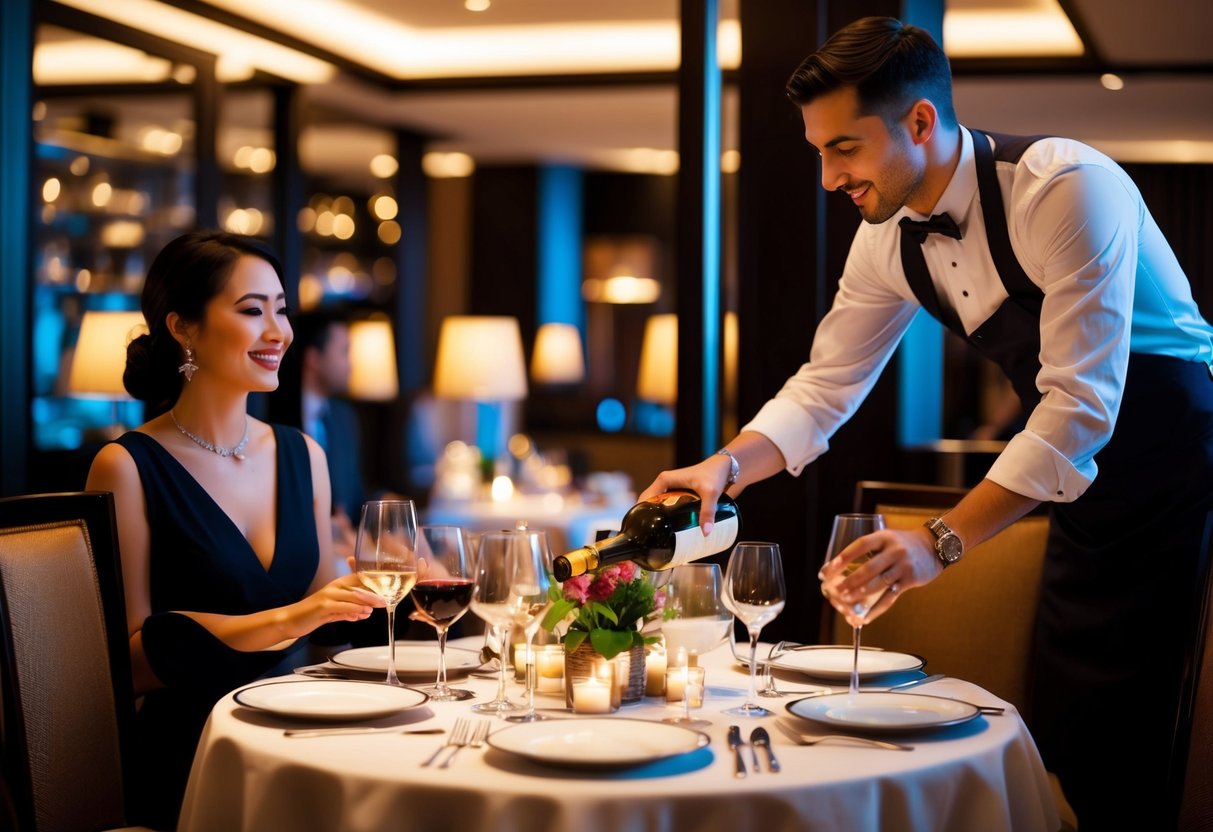A cozy table set for two in an upscale restaurant, with soft lighting and elegant tableware. A waiter pours wine as a couple enjoys a romantic dinner