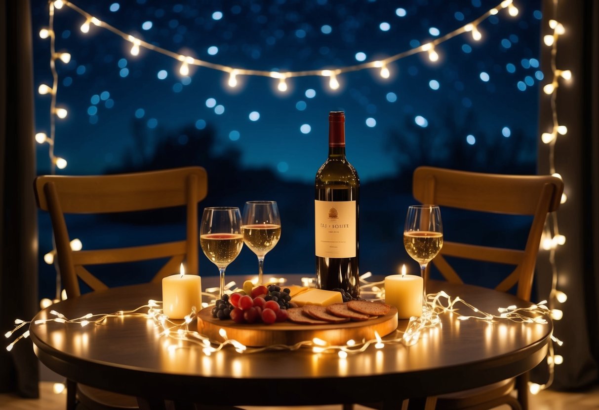 A cozy table with two chairs, a bottle of wine, candles, and a charcuterie board, surrounded by twinkling fairy lights and a starry night sky backdrop