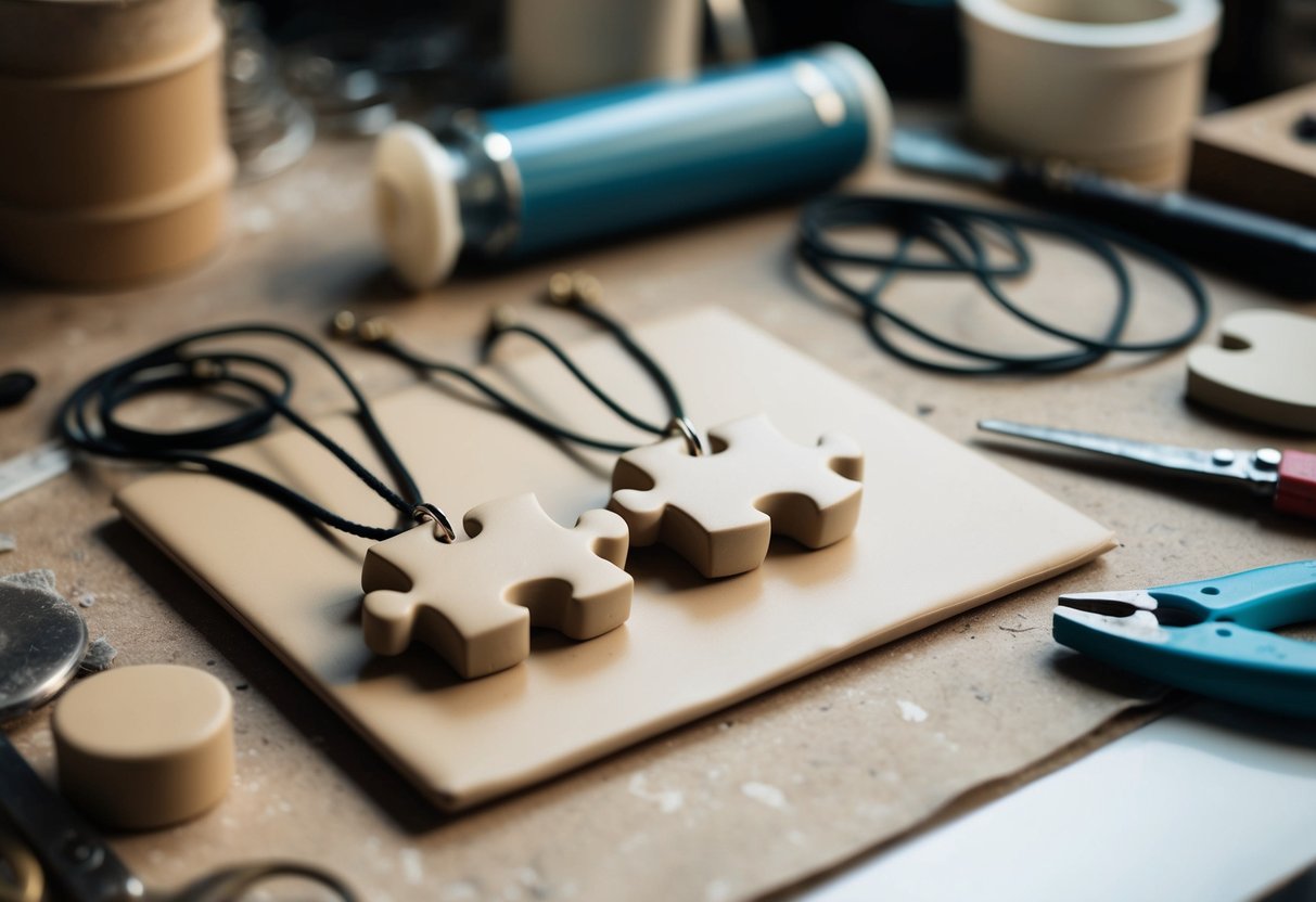 Two puzzle piece necklaces made from air dry clay drying on a table, surrounded by crafting tools and materials