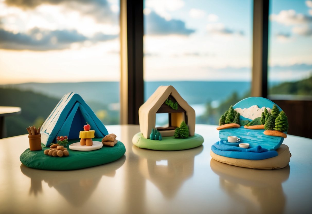 A table with various air dry clay sculptures of special places, such as a picnic spot, a cozy cafe, and a scenic overlook
