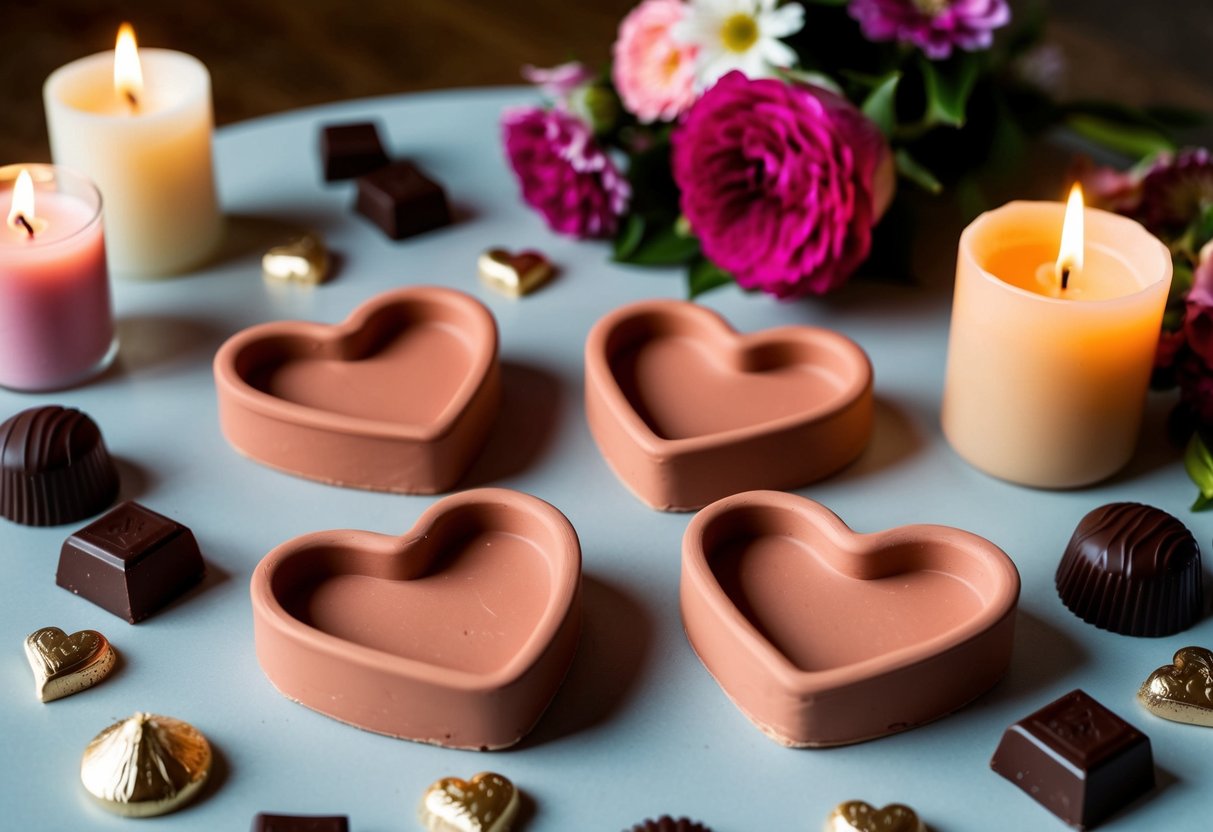 Heart-shaped soap dishes, made of air dry clay, sit on a table, surrounded by various date night items like candles, flowers, and chocolates