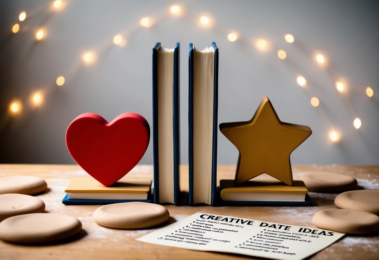 Two bookends, one shaped like a heart and the other like a star, sit on a table surrounded by air dry clay and a list of creative date ideas