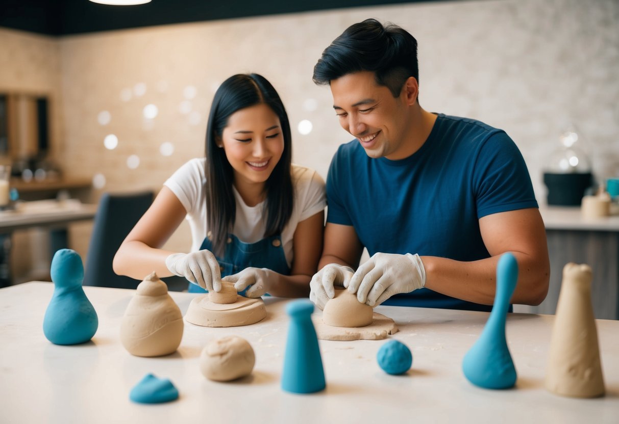 A couple sits at a table, molding air dry clay into various shapes and figures. The soft clay is easily manipulated, and the couple laughs and enjoys each other's company as they create together