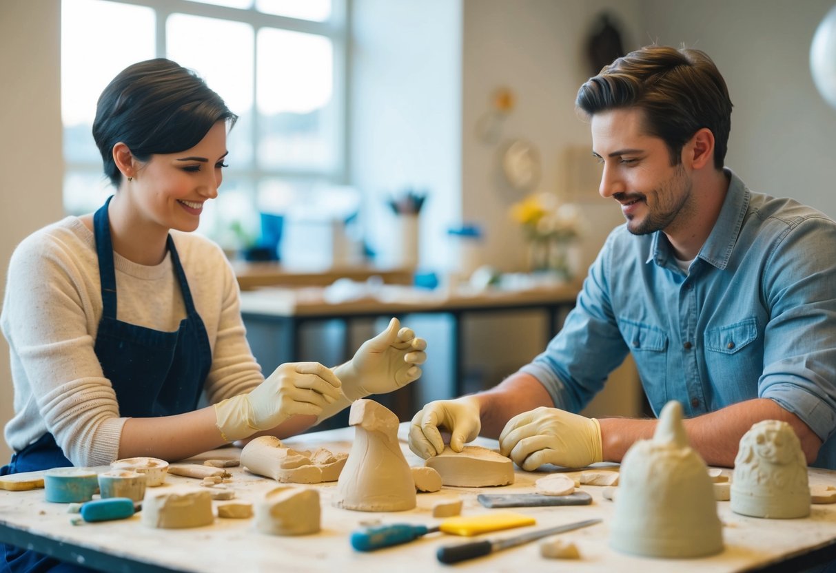 Two people sitting at a table, sculpting with air dry clay. A variety of tools and molds are scattered across the table, along with finished clay creations