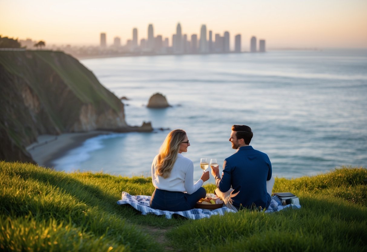 A couple picnicking on the grassy cliffs overlooking the ocean at sunset, with the San Diego skyline in the background