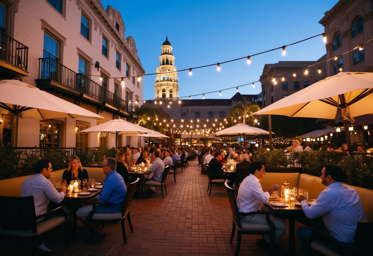 A cozy outdoor patio with string lights and a view of historic buildings, bustling with diners enjoying a romantic evening in Gaslamp Quarter, San Diego