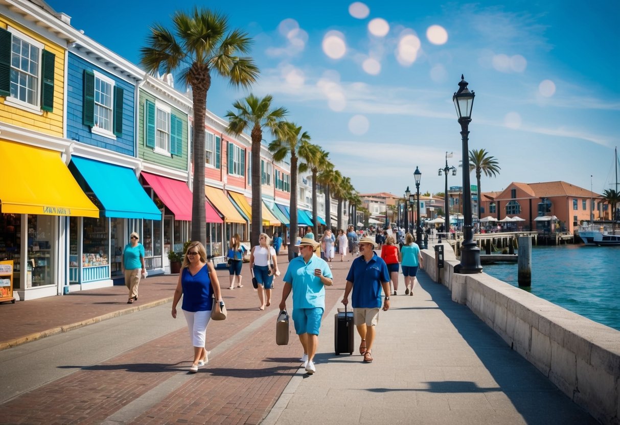 A bustling seaport village with colorful storefronts, palm trees, and waterfront views. Tourists and locals stroll along the promenade, browsing shops and enjoying the sunny atmosphere
