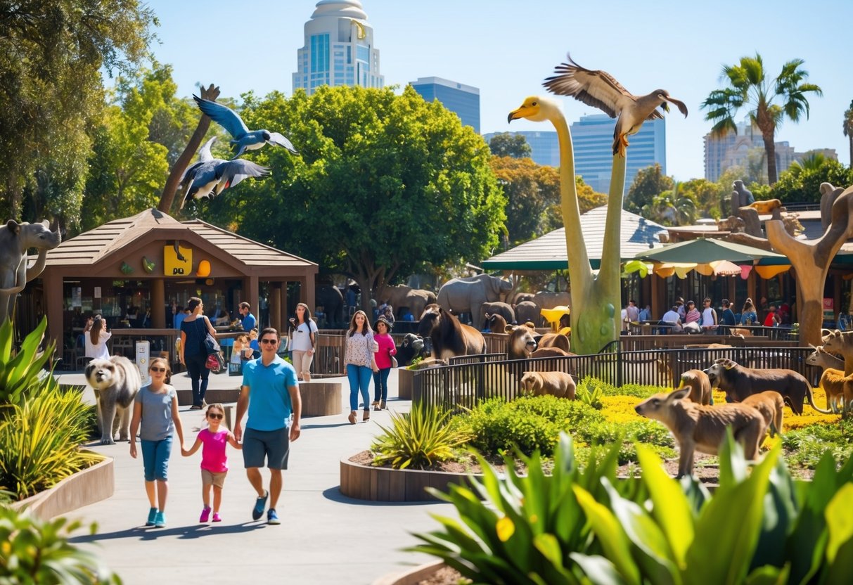 A sunny day at San Diego Zoo, with colorful animals, lush greenery, and happy visitors enjoying the exhibits and attractions