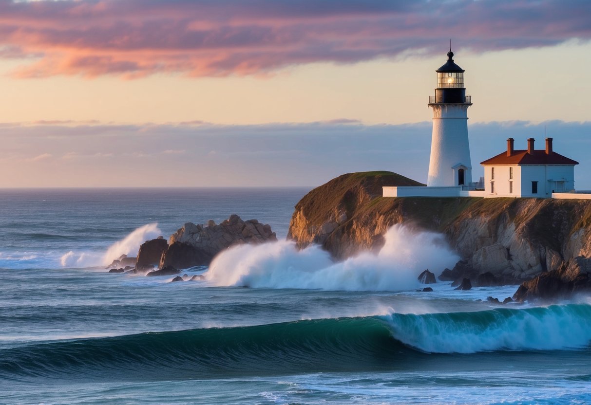 The Point Loma lighthouse overlooks the rugged coastline of San Diego, with crashing waves and a colorful sunset in the background