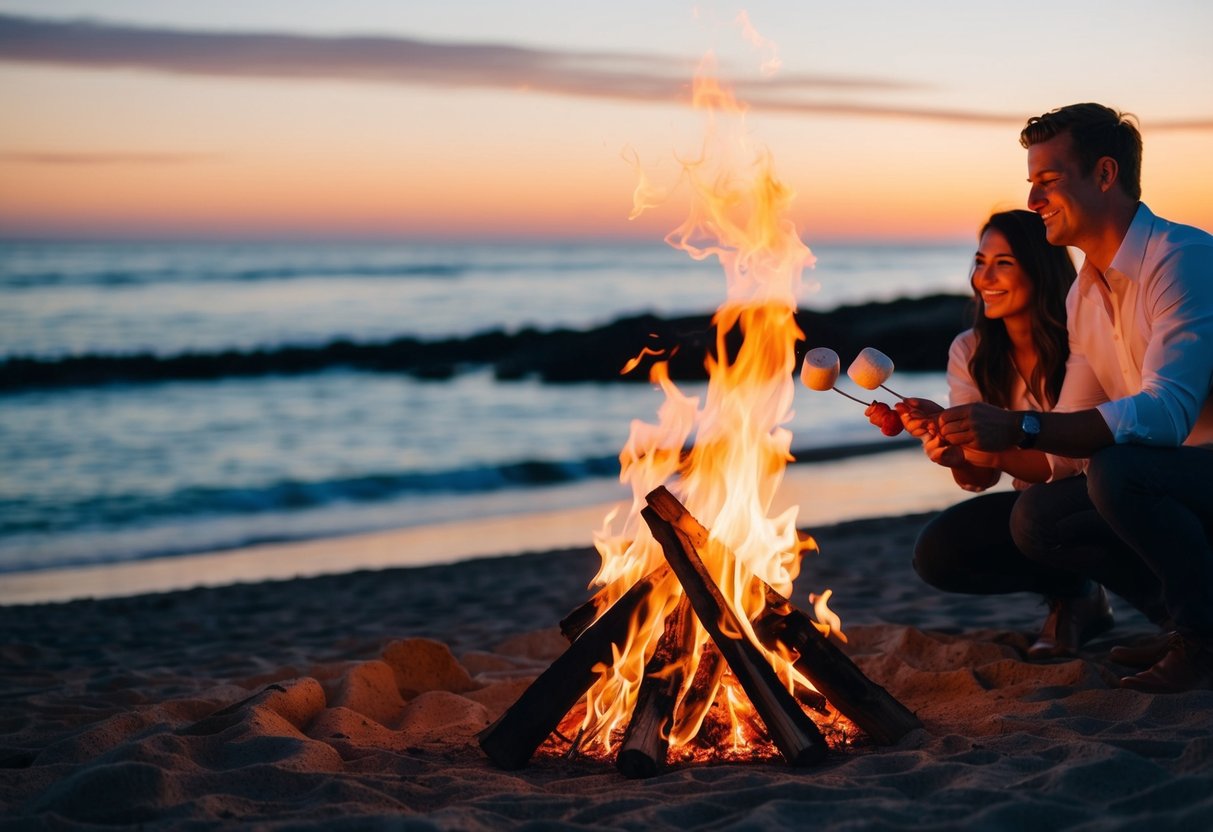 A bonfire on Pacific Beach at sunset, with a couple roasting marshmallows and enjoying the warm glow of the fire