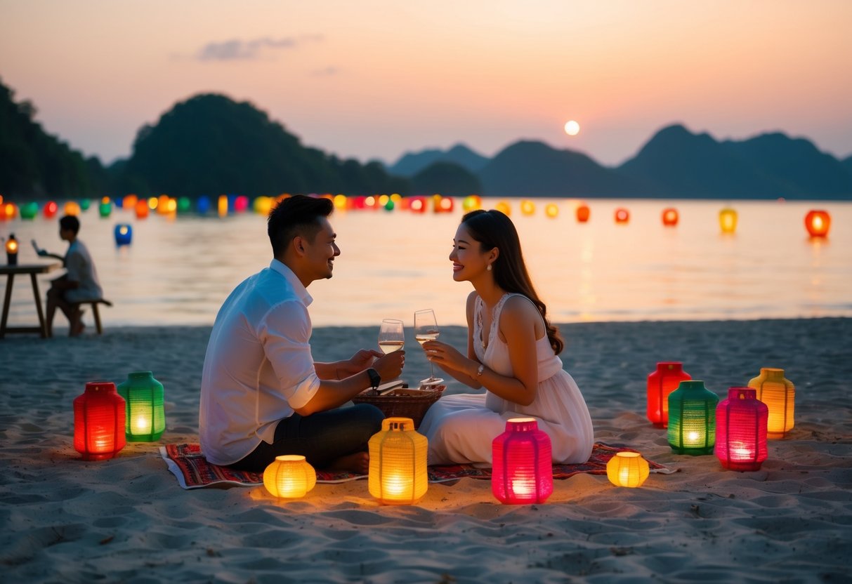 A couple enjoying a sunset picnic on a secluded beach, surrounded by colorful lanterns and listening to live traditional music