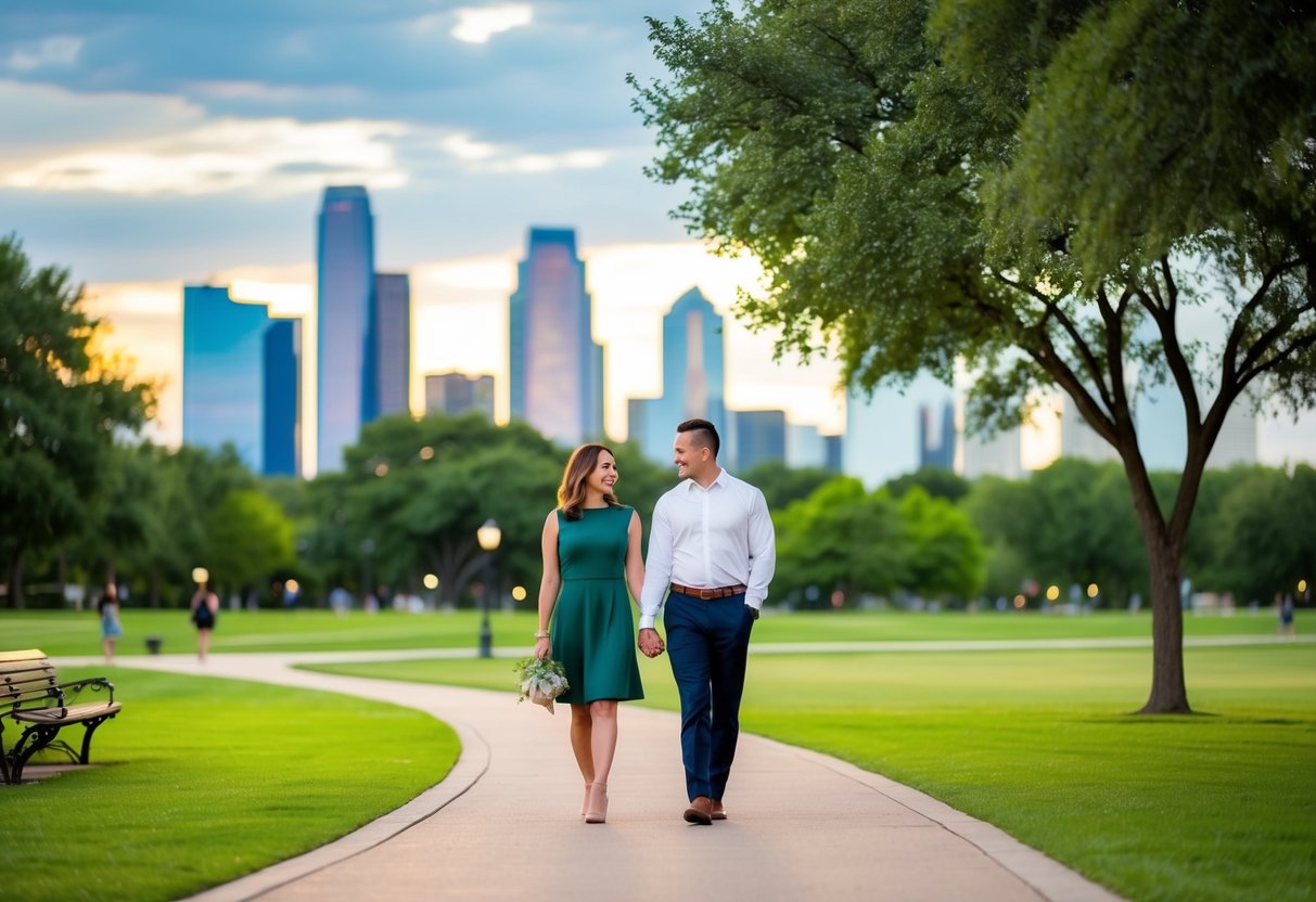 A couple strolling through Klyde Warren Park, surrounded by lush greenery and the Dallas skyline in the background