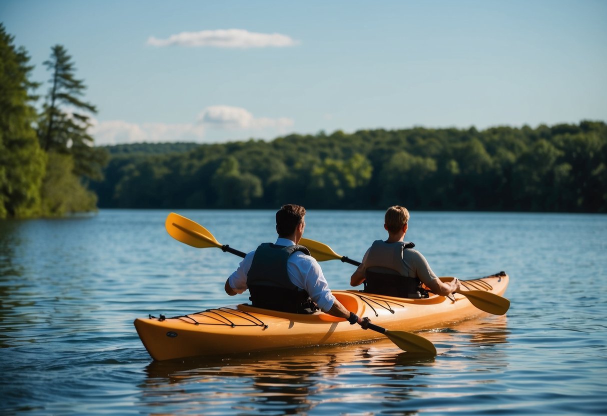 A couple kayaking on calm waters at White Rock Lake, with lush green trees and a clear blue sky in the background