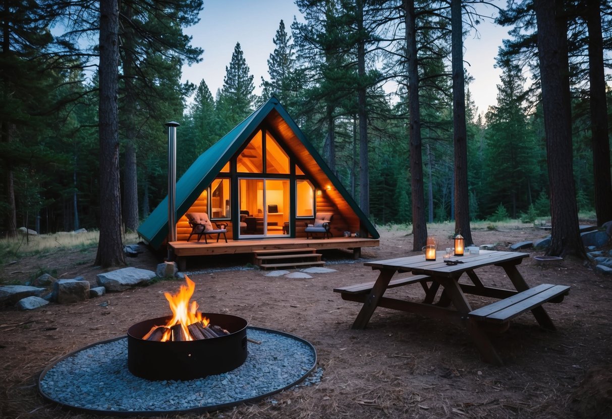 A cozy Airbnb cabin nestled in a forest clearing, with a crackling fire pit and a picnic table set for two