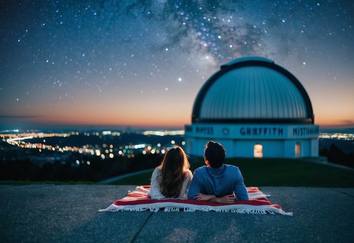 A couple lies on a blanket, gazing up at the stars outside Griffith Observatory. The city lights twinkle below, while the night sky sparkles above