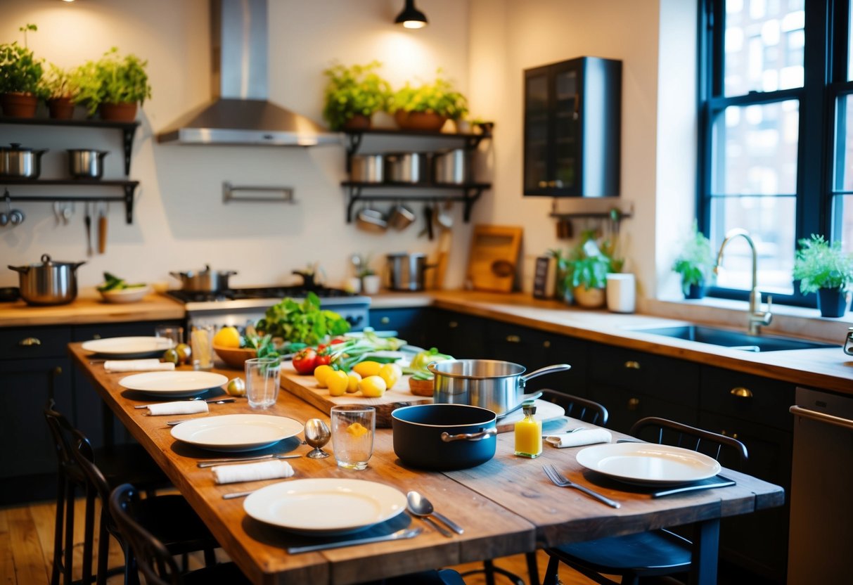 A cozy kitchen in Brooklyn, with a rustic wooden table set for a cooking class. Fresh ingredients, pots, and pans are neatly arranged on the counter