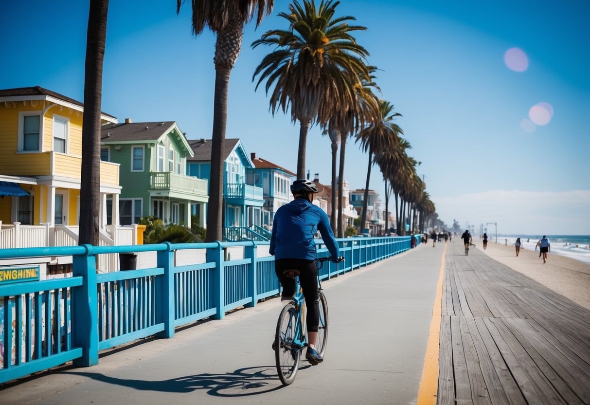 A person bikes along the Venice Beach boardwalk, passing by colorful beachfront houses and palm trees swaying in the ocean breeze
