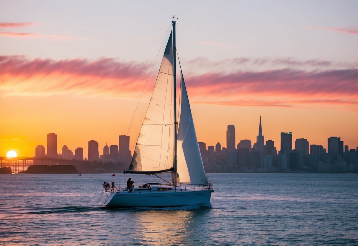 A sailboat glides across the calm waters of San Francisco Bay as the sun sets in a blaze of orange and pink, casting a warm glow over the city skyline